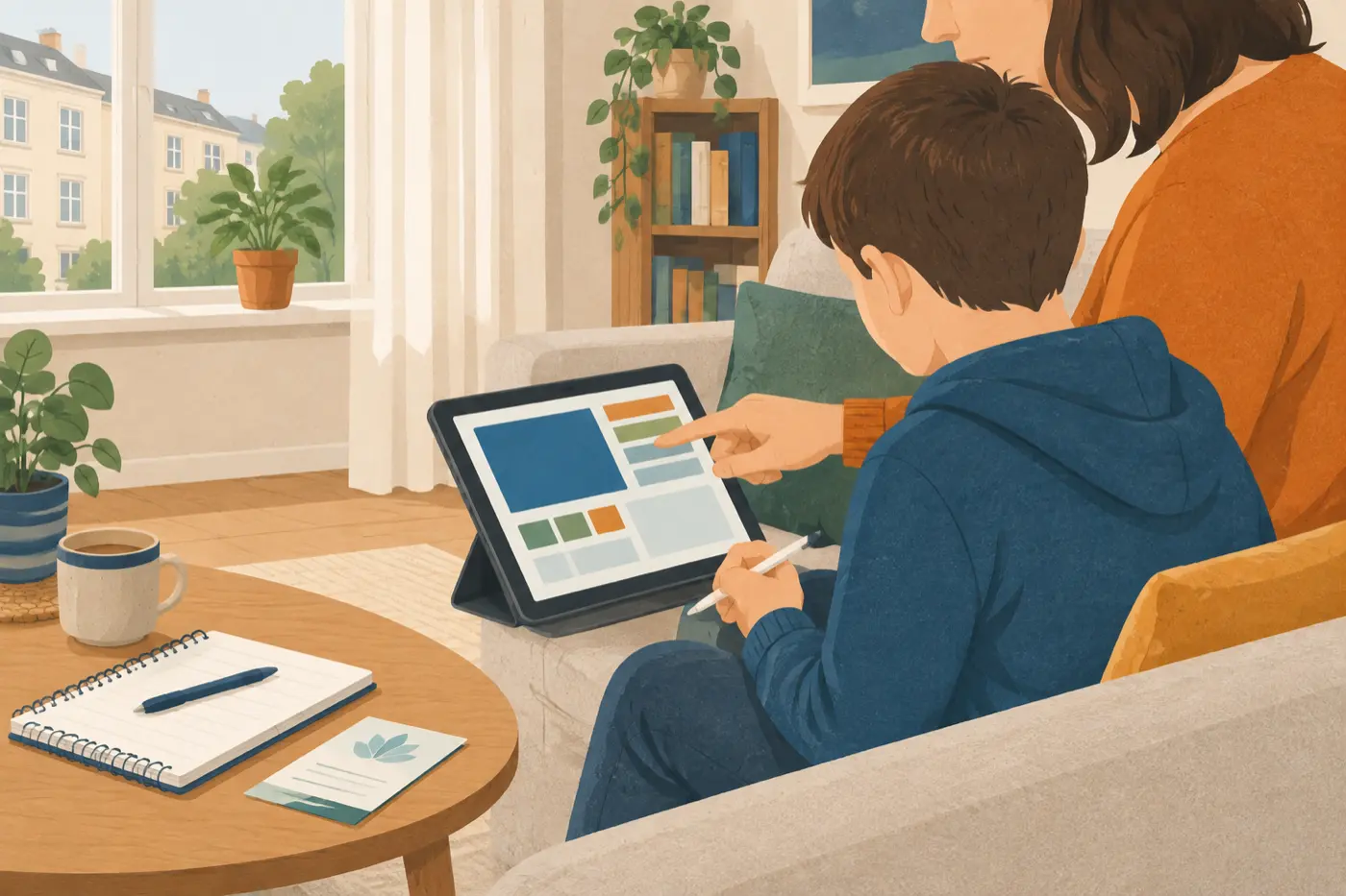 Eine Mutter sitzt mit ihrem Sohn auf dem Sofa und schaut mit ihm gemeinsam auf ein Tablet, daneben liegt eine Terminkarte für eine Praxis.