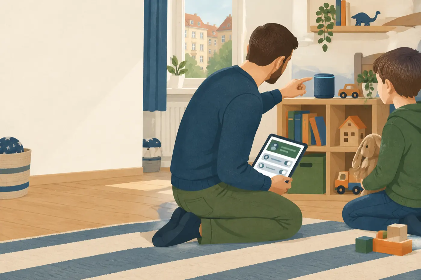 Ein Vater zeigt seinem Sohn im Kinderzimmer eine Einstellung auf dem Tablet, während ein smarter Lautsprecher auf dem Regal steht.