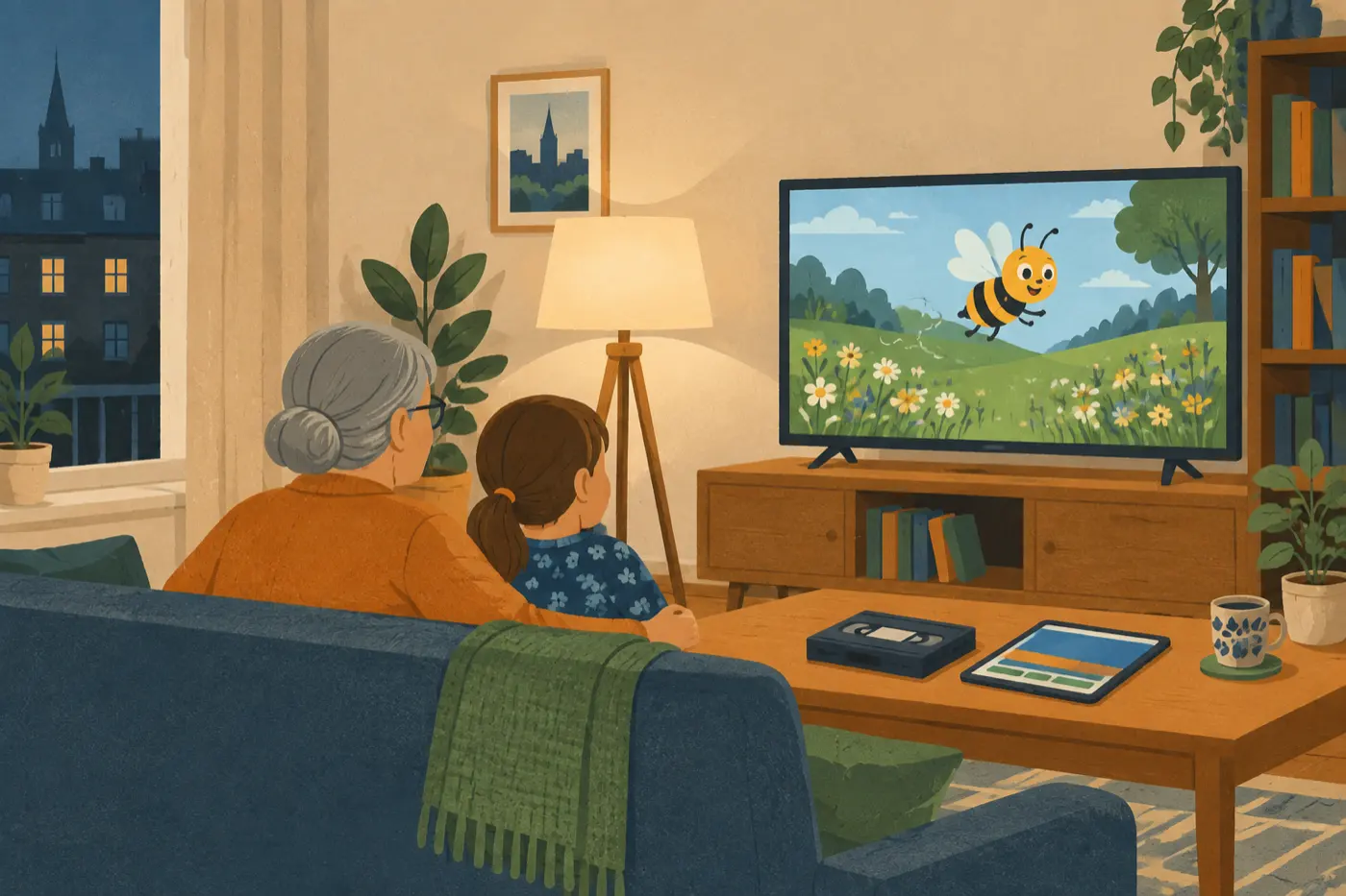 Eine Großmutter und ein Kind schauen gemeinsam eine animierte Bienenserie im Fernsehen.