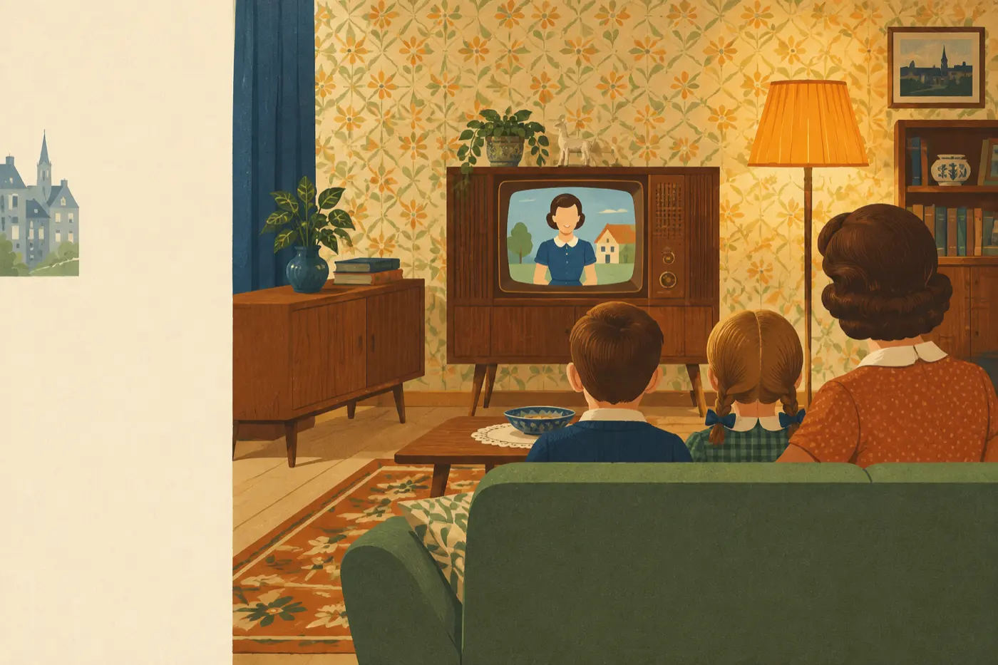 Eine Familie sitzt in den 1950er Jahren gemeinsam vor einem alten Fernsehgerät und schaut eine frühe Kindersendung.
