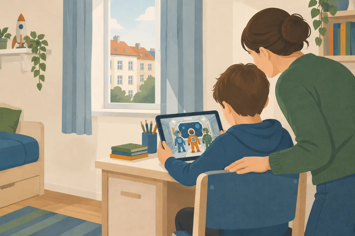 Ein Elternteil schaut gemeinsam mit einem Kind auf ein Tablet mit bunten Astronauten-Figuren im Kinderzimmer.