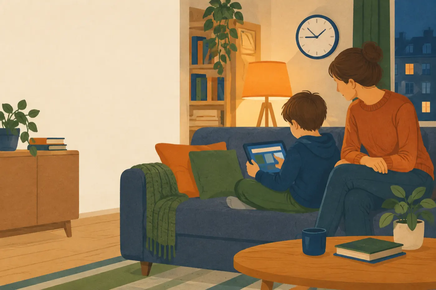 Ein Kind sitzt mit einem Tablet auf dem Sofa, ein Elternteil schaut interessiert mit.