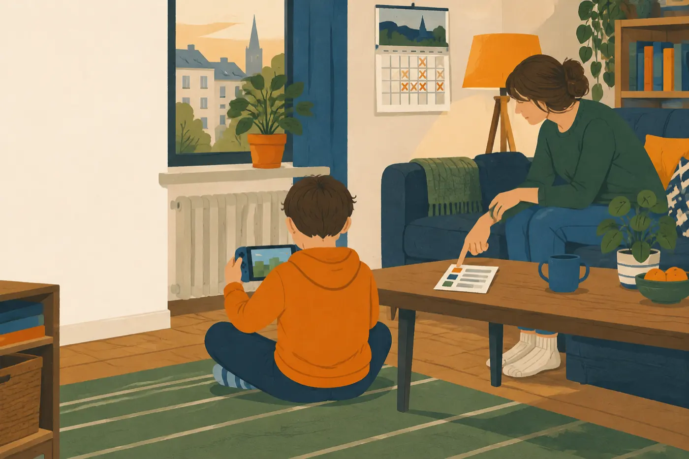 Ein Kind sitzt mit einer Spielekonsole auf dem Boden, eine erwachsene Person auf dem Sofa daneben zeigt von der Seite auf eine Einstellungskarte auf dem Tisch.