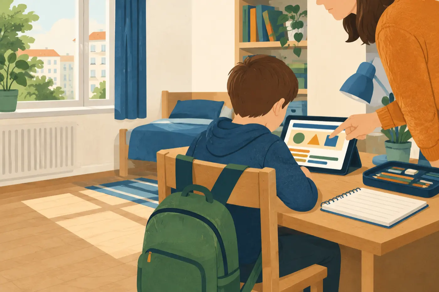 Ein Kind sitzt am Schreibtisch im Kinderzimmer und bearbeitet Übungen auf einem Tablet, ein Elternteil zeigt von der Seite auf den Bildschirm.