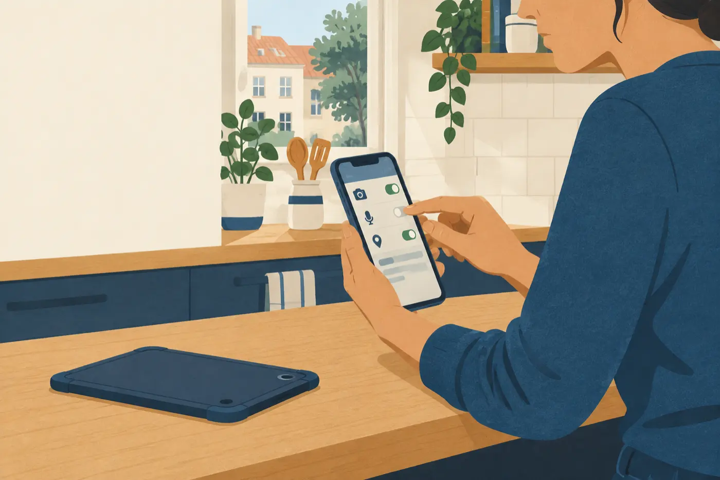 Ein Elternteil sitzt am Küchentisch und geht auf dem Smartphone die Berechtigungen für Kamera, Mikrofon und Standort durch.