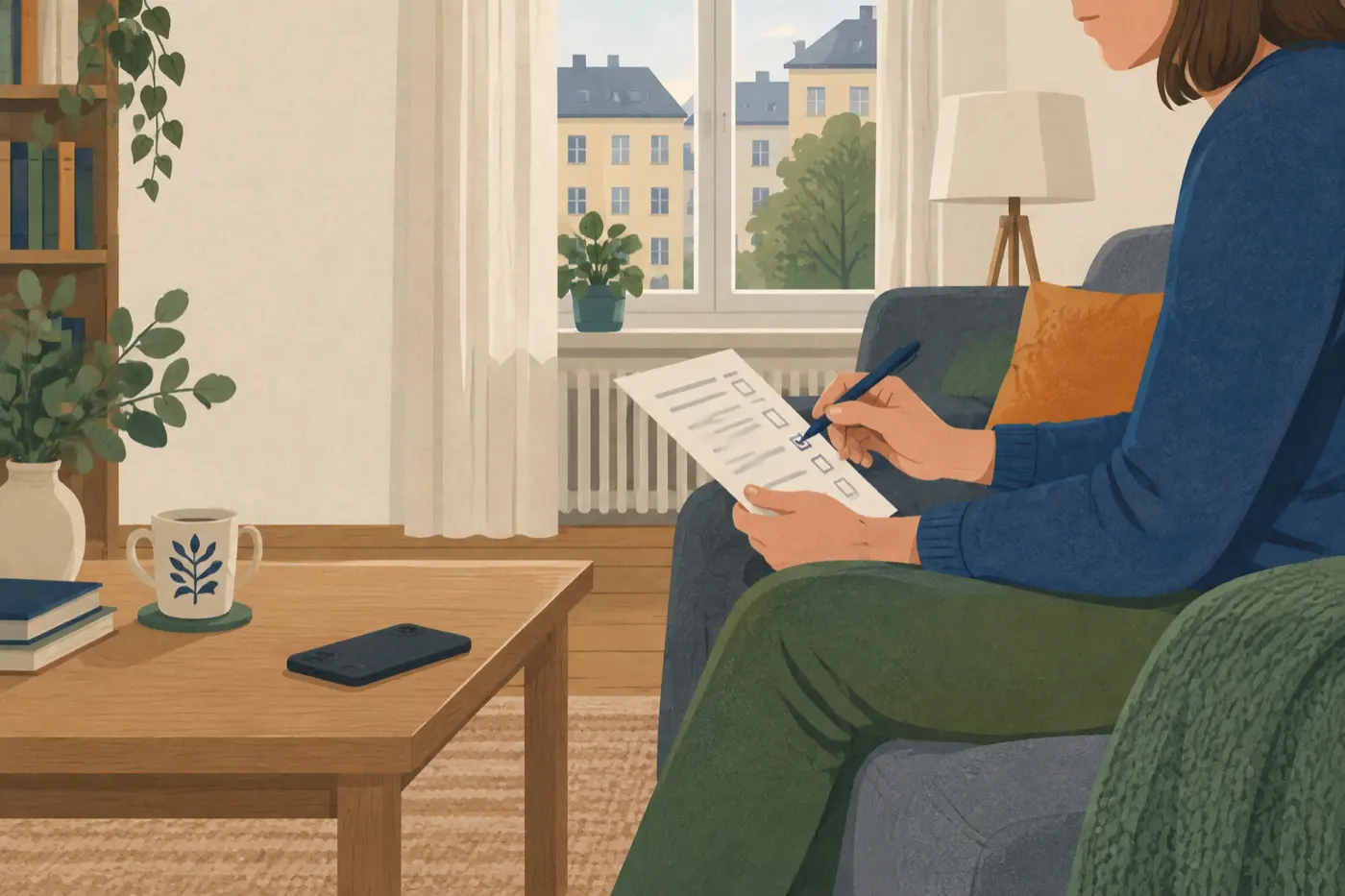 Ein Elternteil sitzt auf dem Sofa und kreuzt handschriftlich Punkte auf einem gedruckten Fragebogen an, während das Smartphone des Kindes daneben liegt.