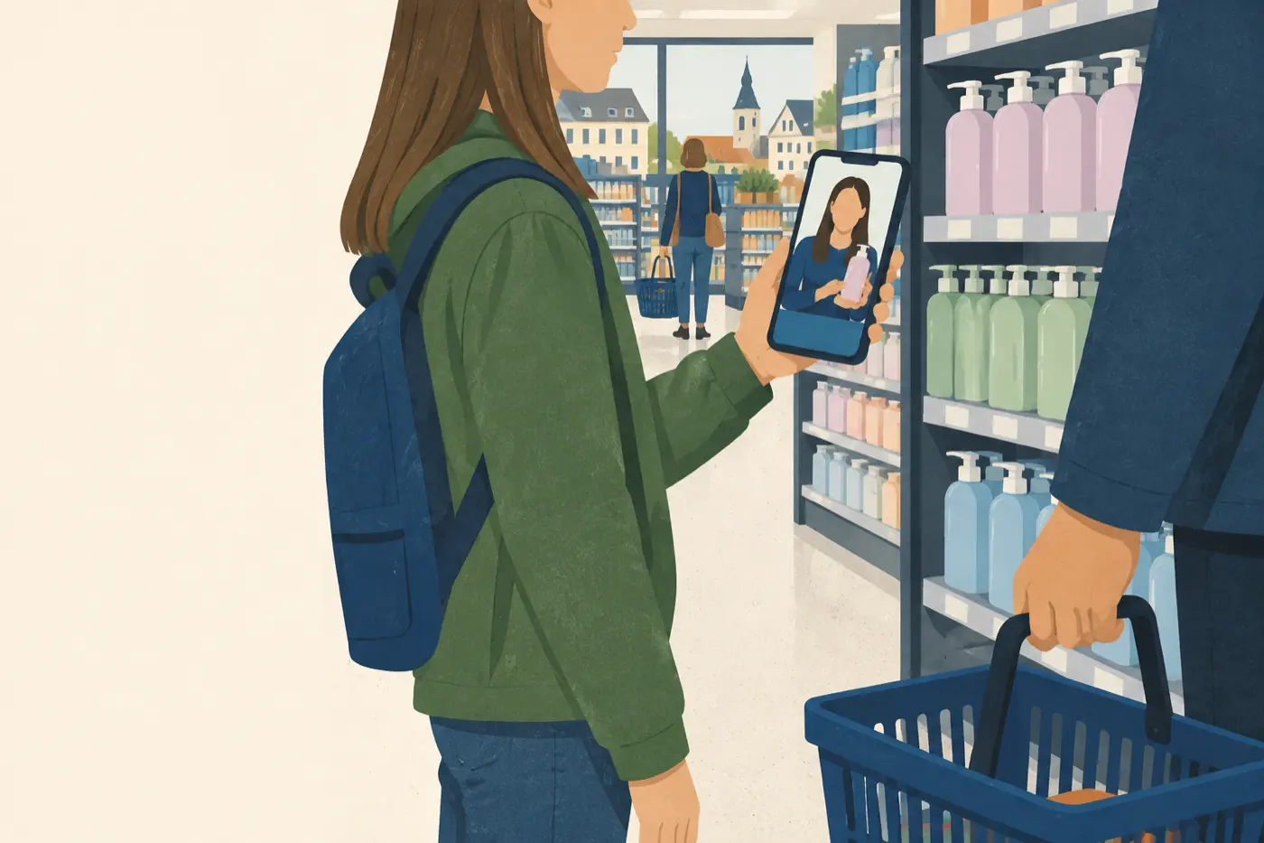 Ein Mädchen hält in einer Drogerie ihr Handy hoch, auf dem eine junge Frau eine Flasche zeigt; im Regal daneben stehen dieselben Flaschen, der Vater hält den Einkaufskorb.