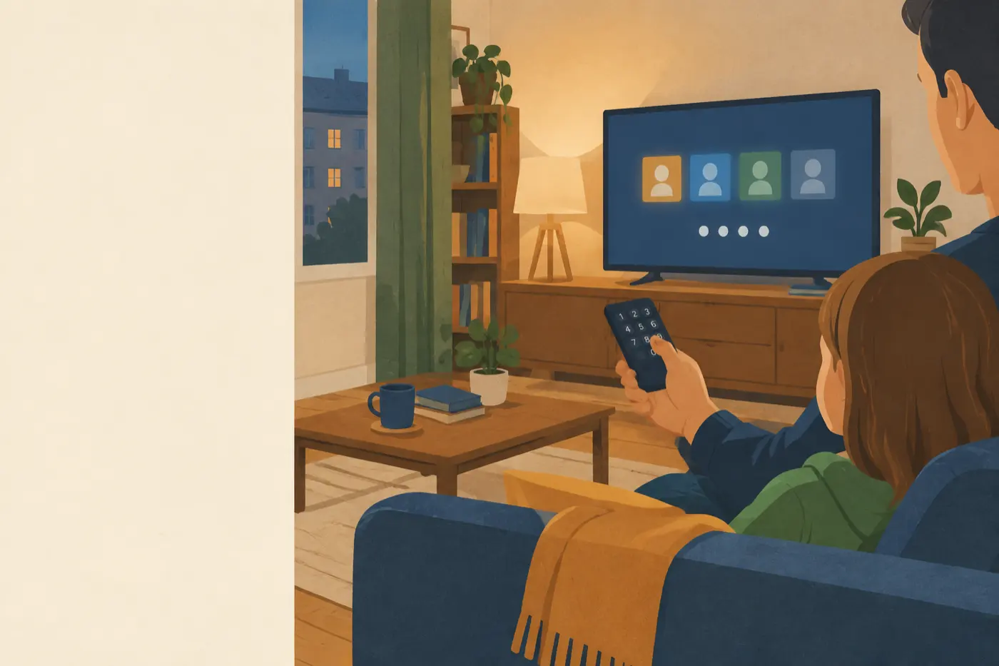 Ein Elternteil sitzt mit einem Kind auf dem Sofa vor dem Fernseher und tippt eine PIN auf der Fernbedienung ein.