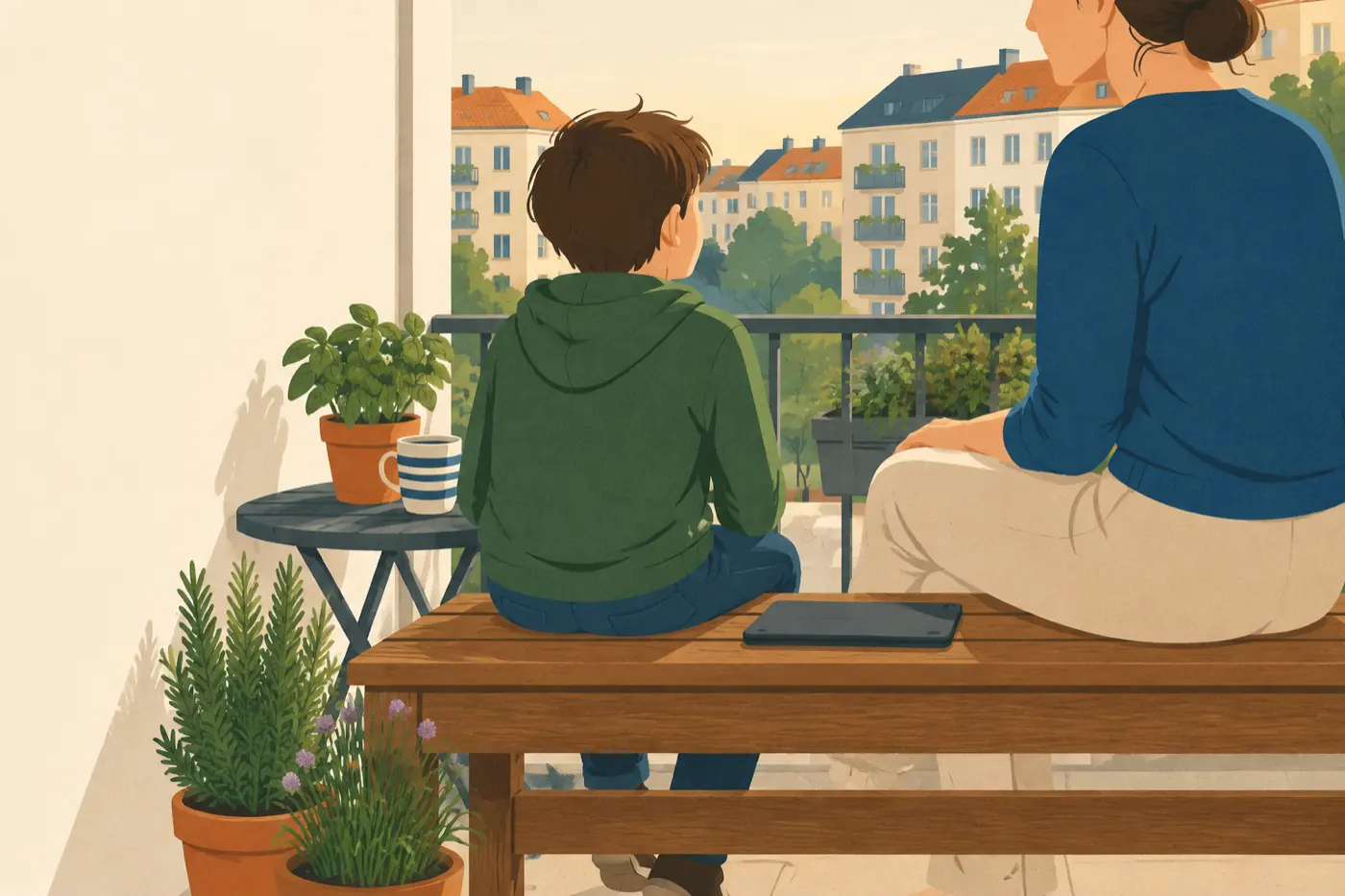 Ein Elternteil und ein etwa zehnjähriges Kind sitzen seitlich zueinander gewandt auf einer Bank auf einem Balkon, zwischen ihnen liegt ein umgedrehtes Tablet.