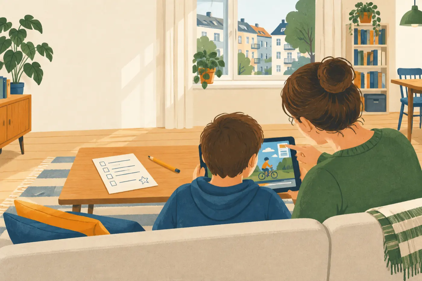 Ein Elternteil und ein etwa zehnjähriges Kind sitzen, von hinten gesehen, auf dem Sofa; das Kind hält ein Tablet, der Erwachsene zeigt auf eine Ecke des Bildschirms.
