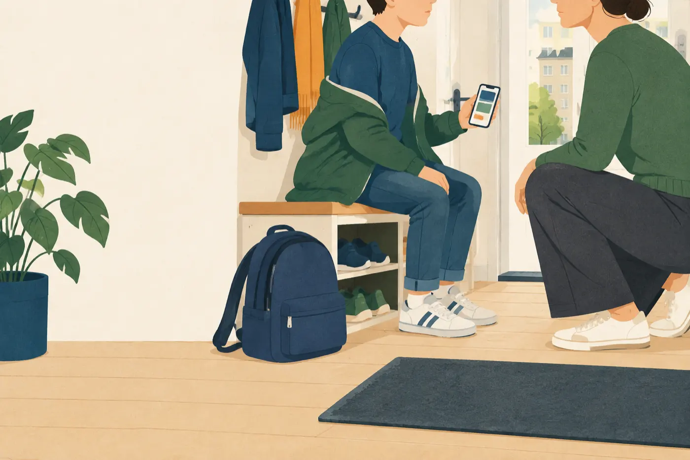 Ein Kind sitzt im Flur auf der Schuhbank und zeigt einem Elternteil, das neben ihm hockt, sein Smartphone; daneben liegt der Schulranzen.