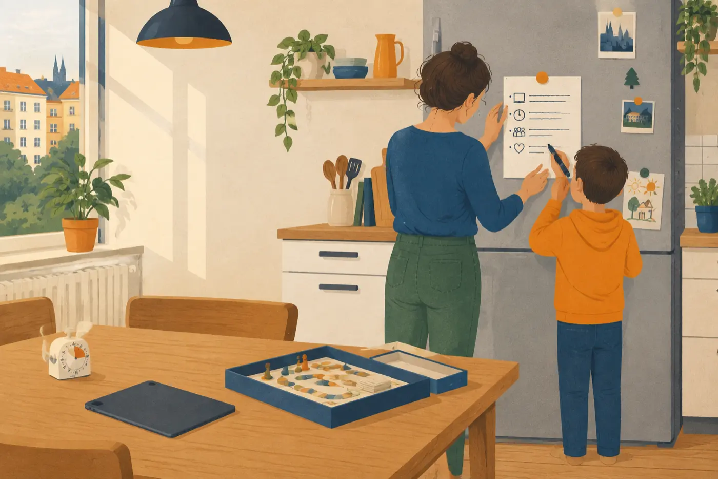 Ein Erwachsener und ein Kind hängen von hinten gesehen einen Zettel mit gezeichneten Symbolen für Medienregeln an den Kühlschrank; auf dem Küchentisch liegen eine Eieruhr, ein umgedrehtes Tablet und ein geöffnetes Brettspiel.