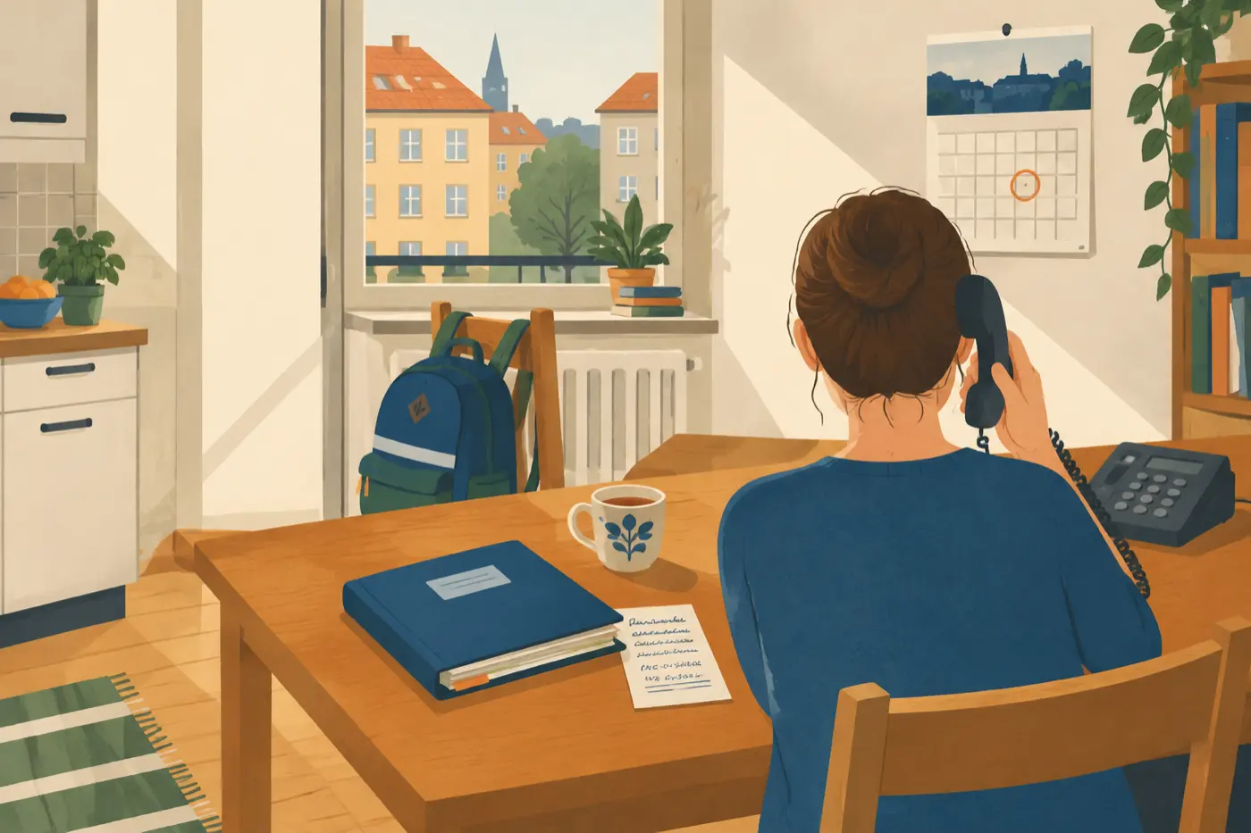 Ein Elternteil sitzt von hinten gesehen am Küchentisch, mit Telefonhörer in der Hand, daneben ein Notizzettel, eine Mappe mit Schulunterlagen und eine Tasse Tee.
