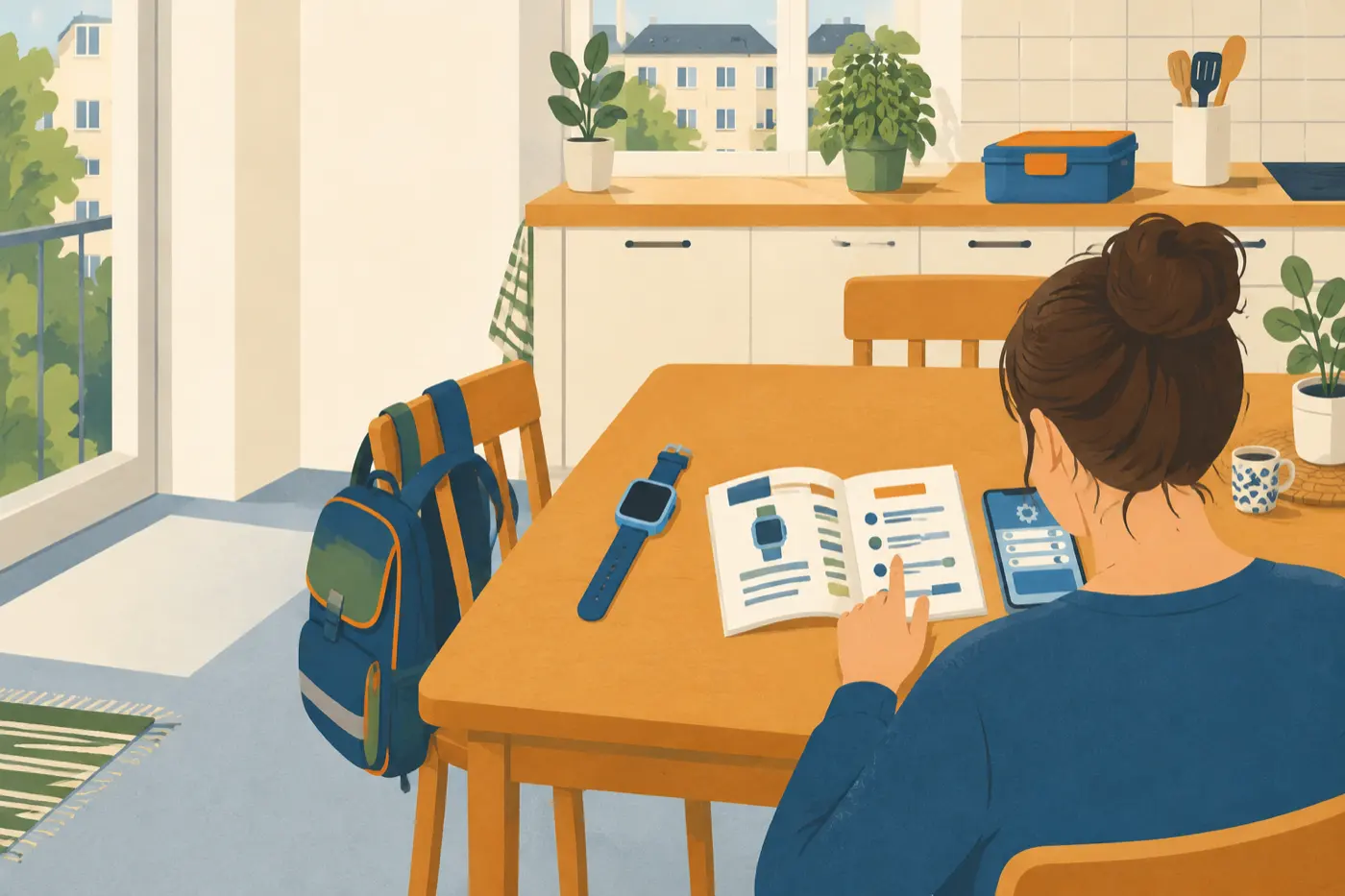 Ein Elternteil sitzt am Küchentisch und vergleicht die gedruckte Bedienungsanleitung einer Kinder-Smartwatch mit den Einstellungen in der zugehörigen App auf dem Smartphone.