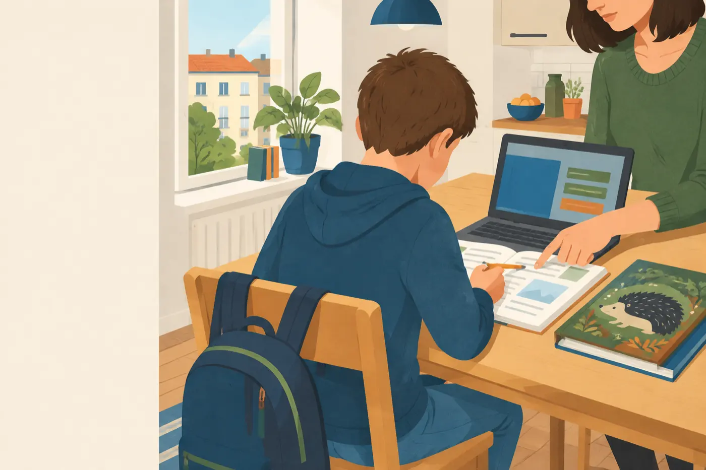 Ein Junge sitzt mit Laptop, Schulbuch und einem Tierbuch aus der Bücherei am Küchentisch, seine Mutter zeigt neben ihm auf eine Zeile im Schulbuch.