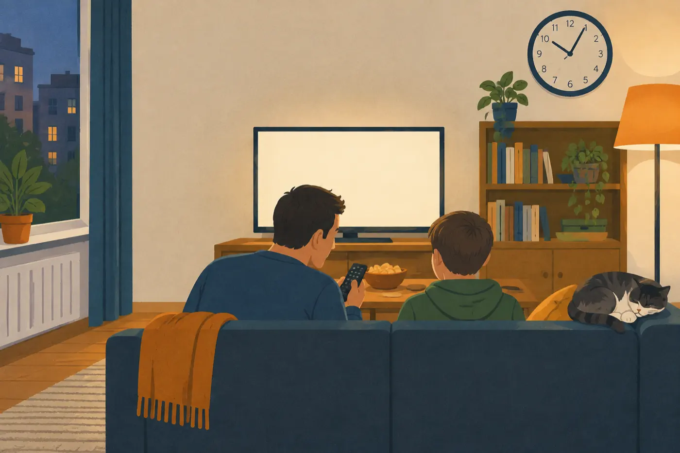 Ein Elternteil und ein Kind sitzen abends von hinten gesehen auf dem Sofa vor dem Fernseher; die Wanduhr zeigt kurz nach 22 Uhr, der Erwachsene hält die Fernbedienung.