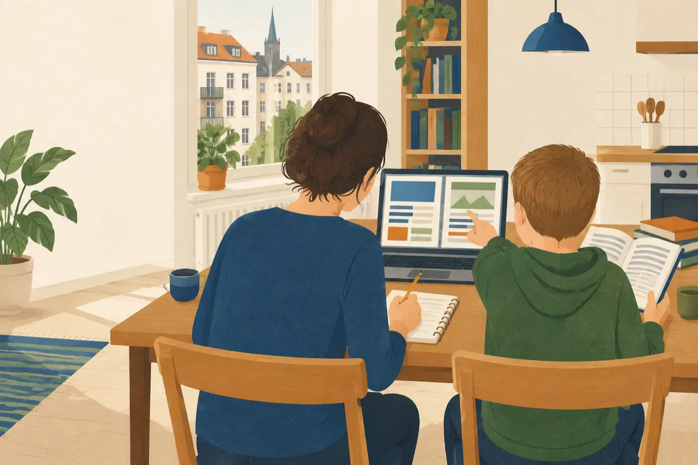 Eine Mutter und ihr Sohn sitzen von hinten gesehen am Küchentisch und vergleichen eine Seite auf dem Laptop mit einem aufgeschlagenen Buch.