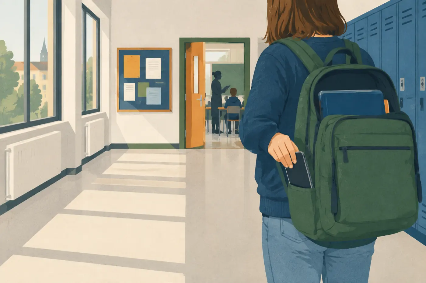 Ein Schüler steckt sein Smartphone in die Seitentasche des Schulrucksacks, im Hintergrund die offene Tür zum Klassenzimmer.