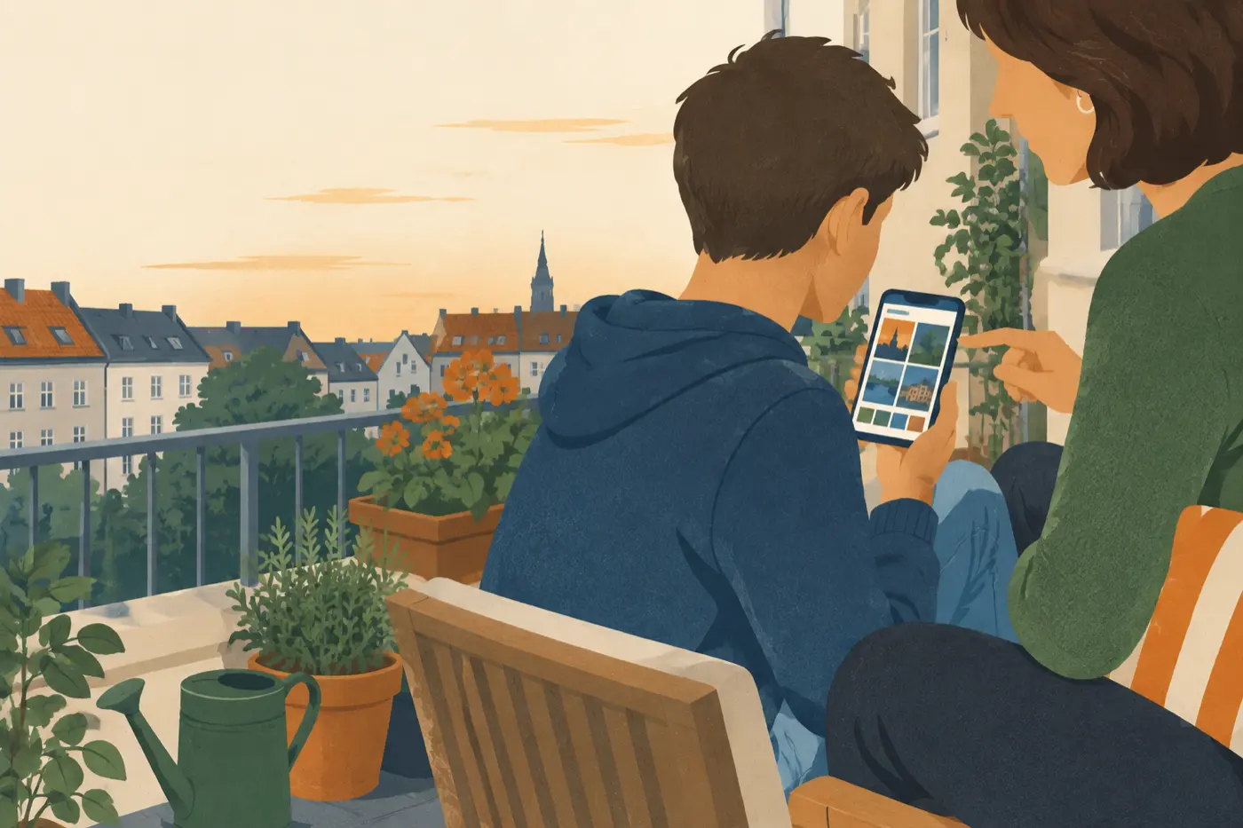 Ein Elternteil und ein Jugendlicher sitzen auf einem Balkon und schauen gemeinsam auf ein Smartphone, bevor ein Foto gepostet wird.