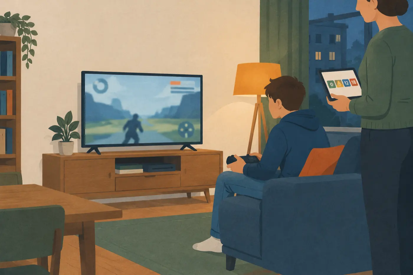 Ein Jugendlicher sitzt mit Controller auf dem Sofa vor einem Fernseher, eine erwachsene Person daneben schaut auf ein Tablet mit Alterskennzeichen-Symbolen.
