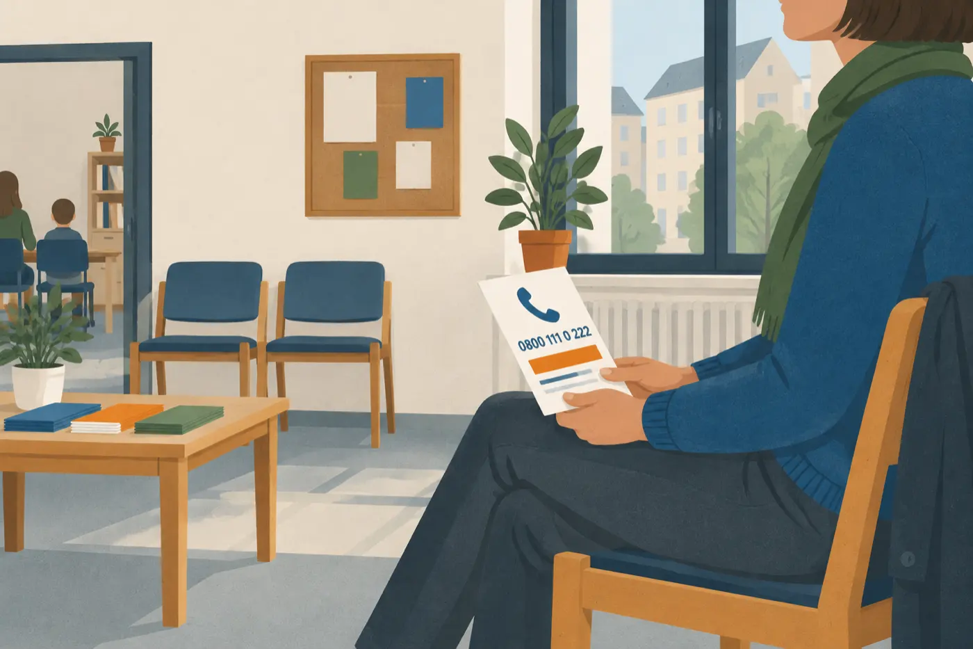Ein Elternteil sitzt seitlich im Wartebereich einer Beratungsstelle und hält ein Infoblatt mit einer Telefonnummer in der Hand.