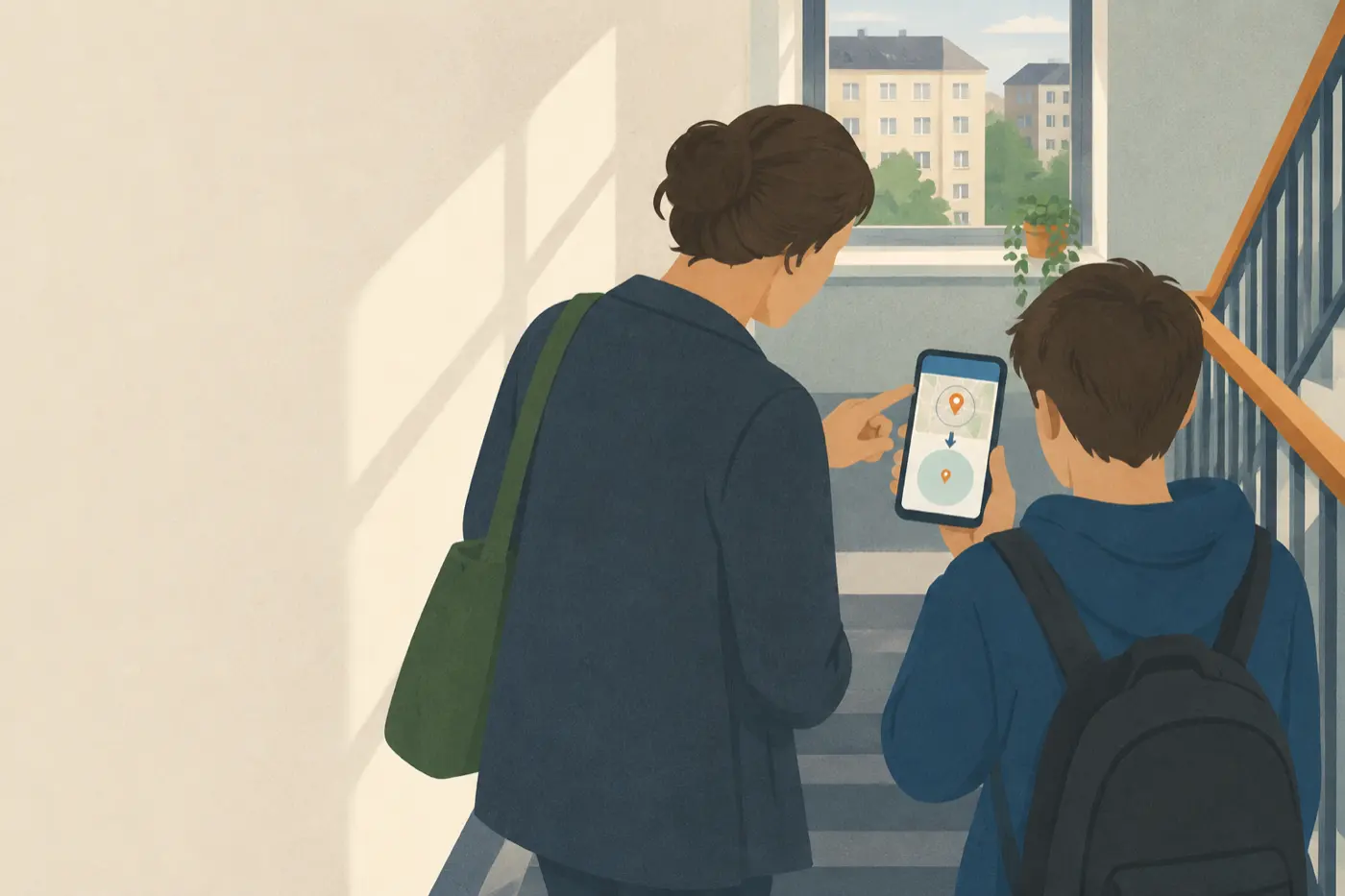 Ein Elternteil und ein Teenager schauen gemeinsam auf ein Smartphone, auf dem eine Standortmarkierung von einer genauen auf eine ungefähre Position wechselt.