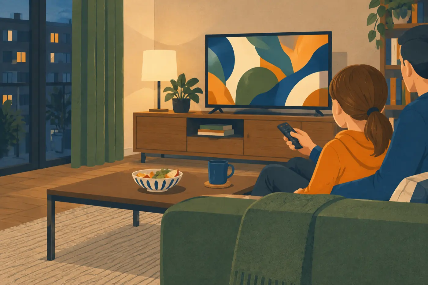 Ein Elternteil greift auf dem Sofa neben einem Kind nach der Fernbedienung, im Hintergrund leuchtet ein Fernseher.