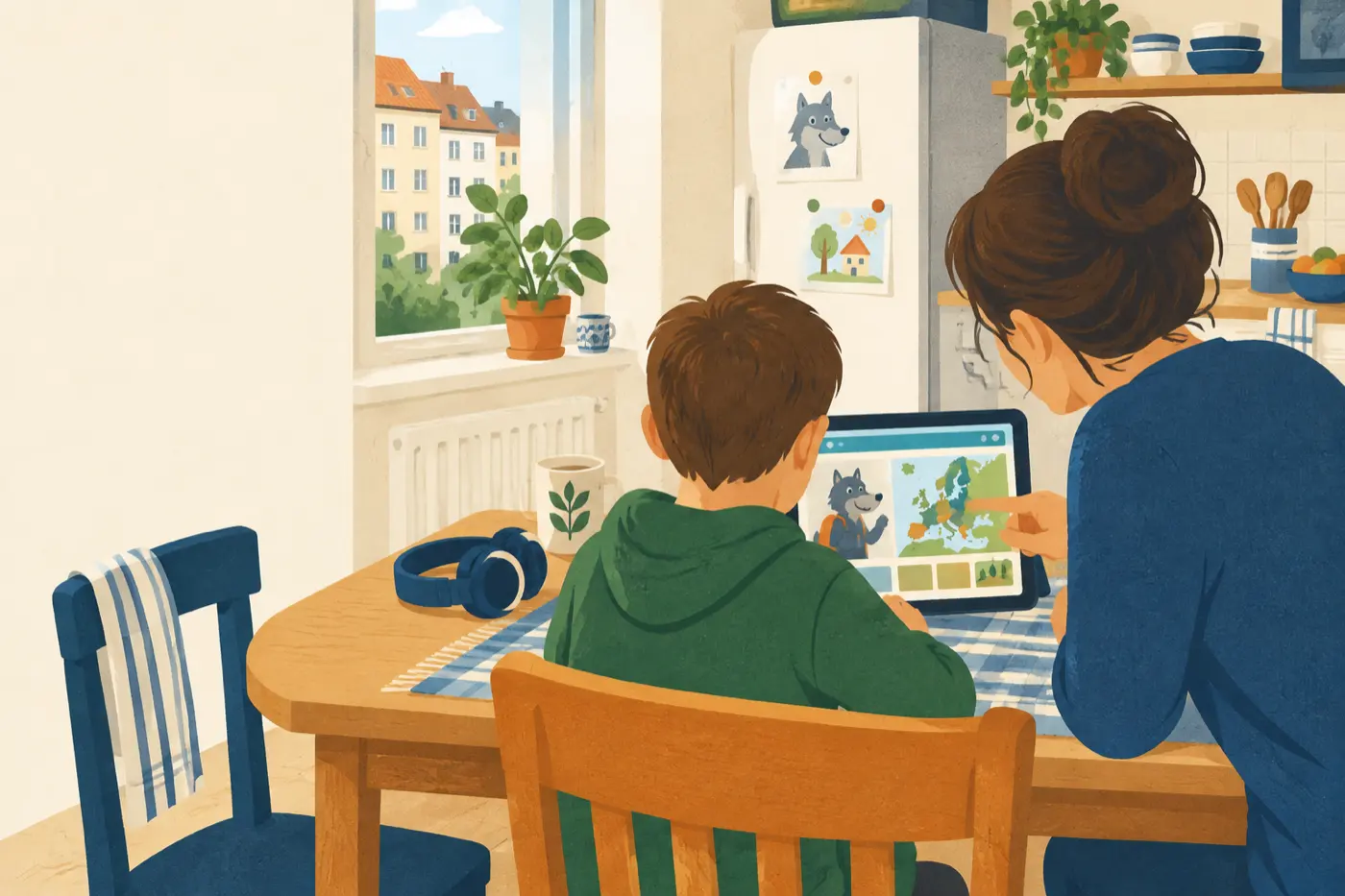 Ein Kind sitzt mit einem Tablet am Tisch und entdeckt gemeinsam mit einem Elternteil eine Kinderseite mit Europakarte und Comic-Wolf.