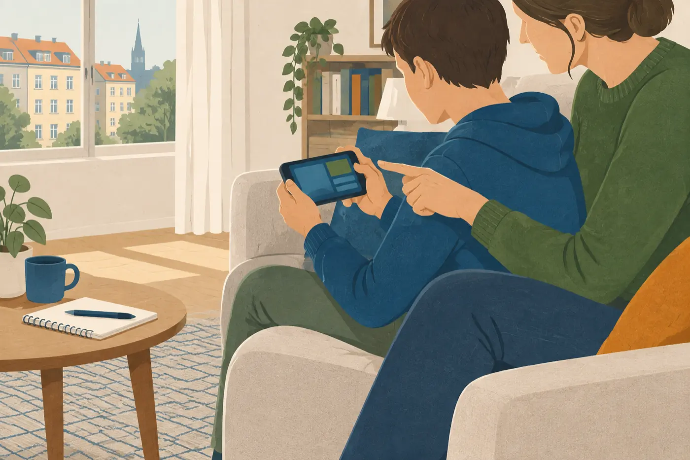 Ein Elternteil und ein Kind sitzen seitlich auf einem Sofa und schauen gemeinsam auf ein Smartphone.