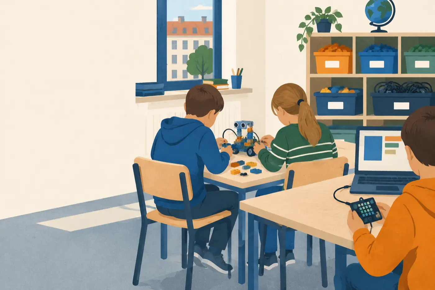 Zwei Kinder bauen in einer Unterrichtsecke mit Bausteinen und Sensoren, ein drittes Kind schließt eine kleine Platine mit Lichtergitter an einen Laptop an.