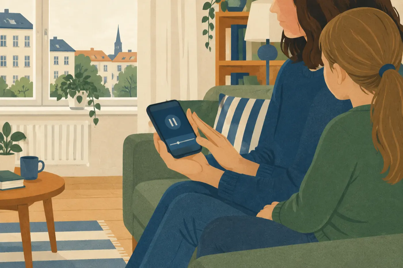 Eine Mutter und ihre Tochter sitzen auf dem Sofa und schauen gemeinsam auf ein angehaltenes Video auf dem Smartphone.