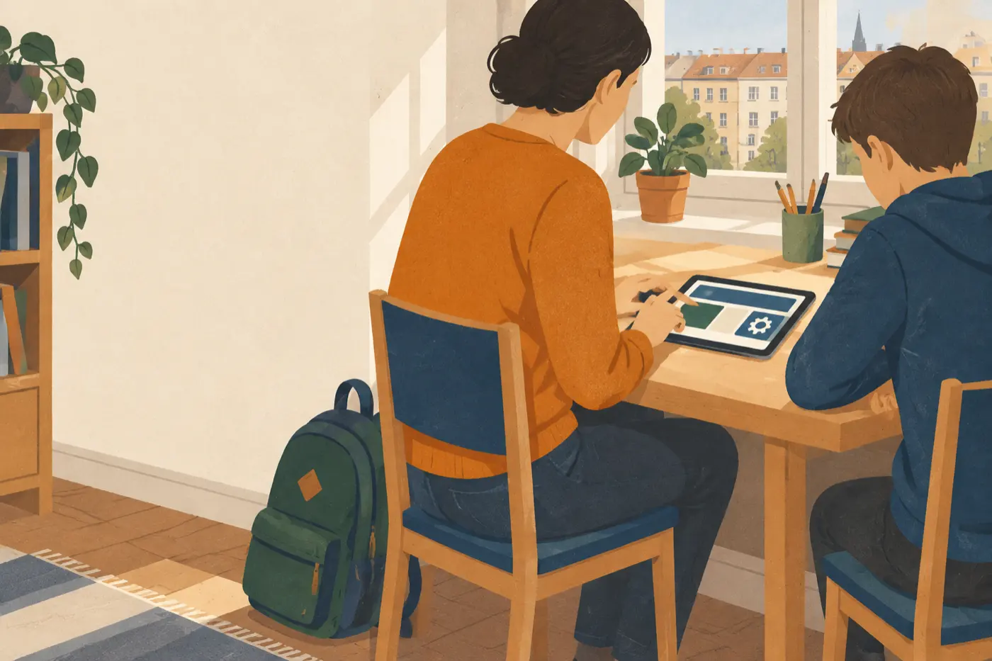 Ein Elternteil und ein Kind sitzen nebeneinander an einem Schreibtisch und schauen gemeinsam auf ein Tablet mit einem Einstellungssymbol.