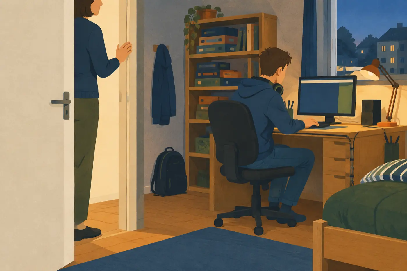 Ein Jugendlicher sitzt am Computer mit einem Headset um den Hals, im Hintergrund steht ein Elternteil sprechbereit in der offenen Zimmertür.