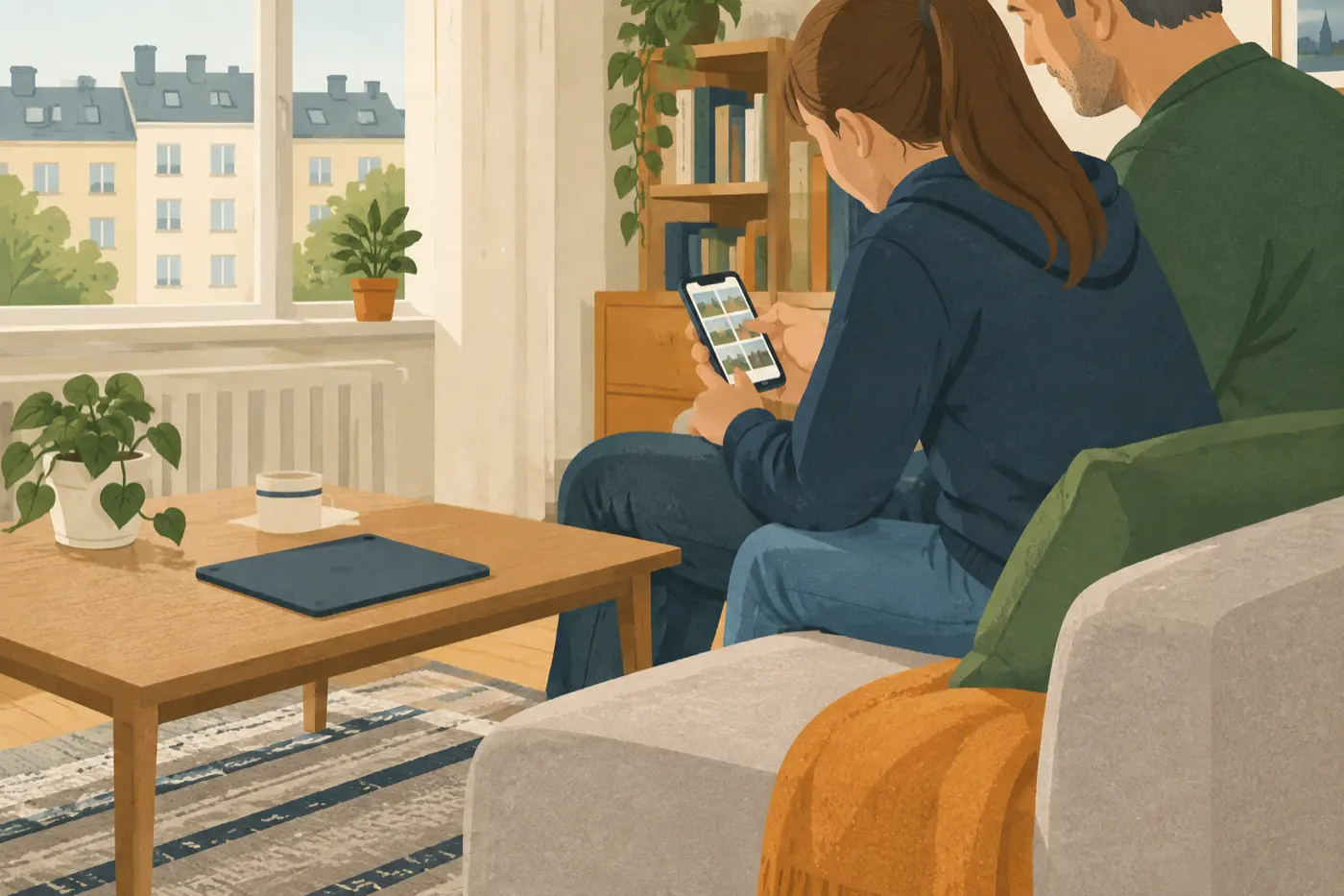 Ein Vater und seine Tochter schauen gemeinsam auf einem Sofa auf ein Smartphone und besprechen die Privatsphäre-Einstellungen eines Profils.