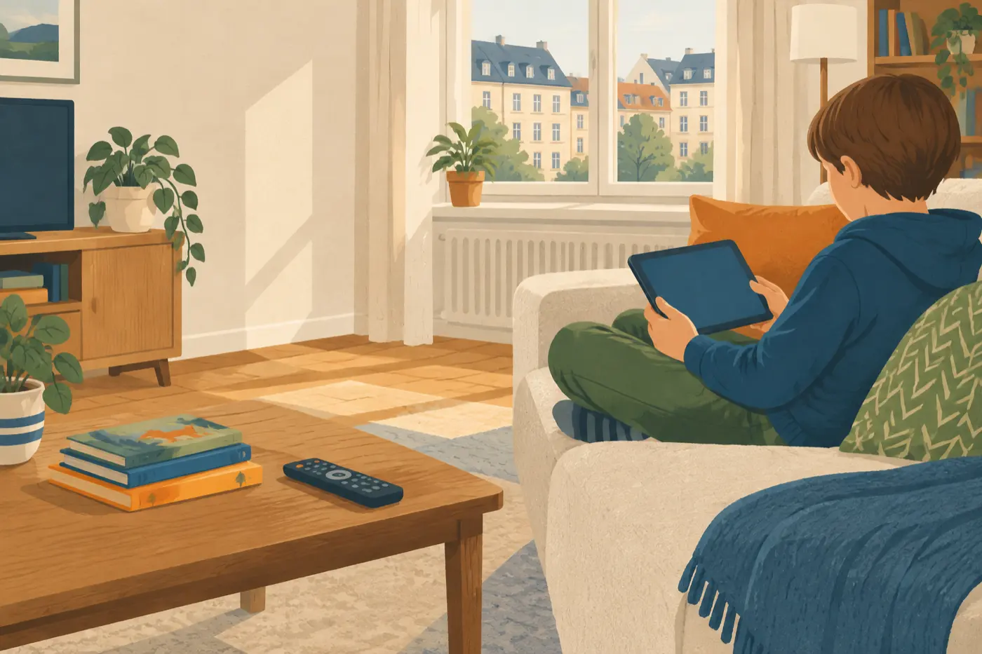 Ein Kind sitzt mit einem Tablet auf dem Sofa, auf dem Tisch davor liegt eine Fernbedienung.