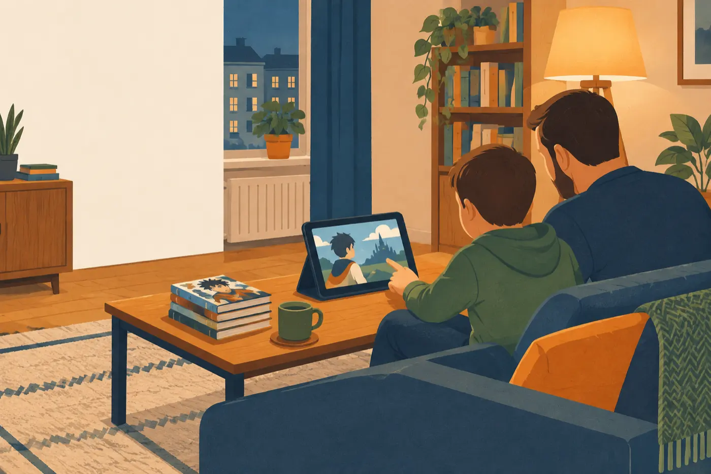 Ein Vater schaut gemeinsam mit seinem Sohn auf einem Tablet eine Anime-Serie, daneben liegen Manga-Hefte.