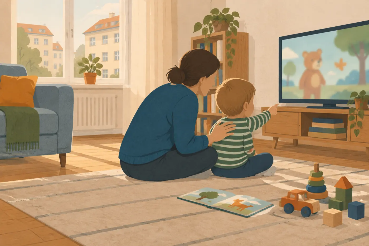 Ein Kind sitzt vor dem Fernseher und zeigt auf den Bildschirm, ein Erwachsener sitzt daneben und spricht mit.