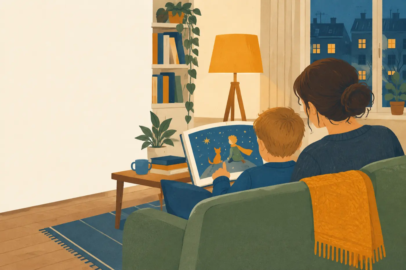 Ein Elternteil und ein Kind sitzen zusammen auf dem Sofa und schauen in ein Bilderbuch vom kleinen Prinzen und dem Fuchs.