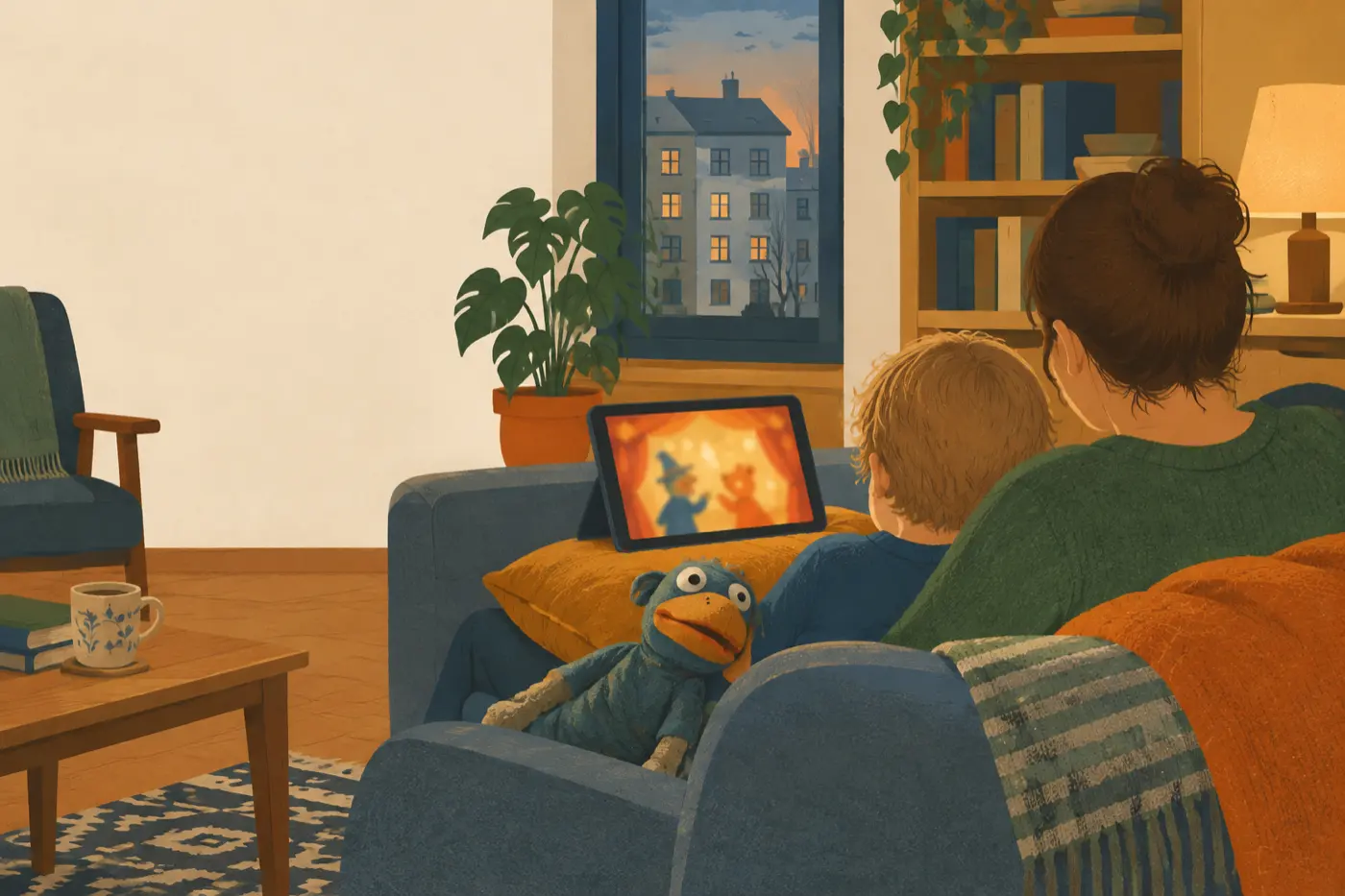 Ein Elternteil sitzt mit einem Kind auf dem Sofa vor einem Tablet, daneben liegt eine Handpuppe.