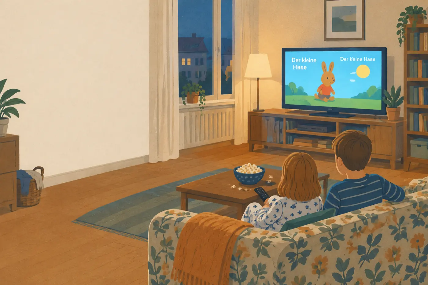 Zwei Kinder sitzen abends auf dem Sofa und schauen eine Zeichentricksendung im Fernsehen.