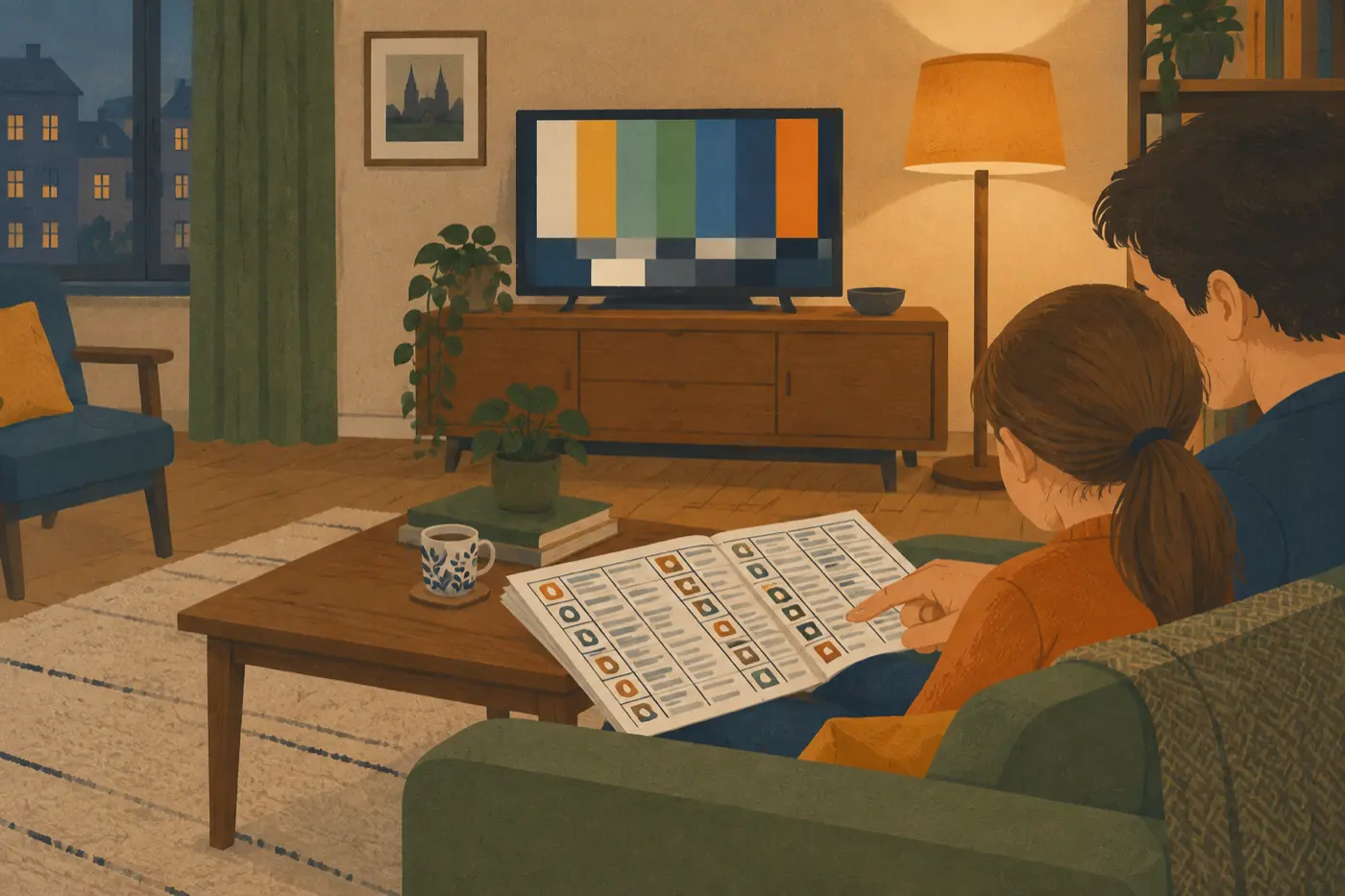 Ein Elternteil und ein Kind vergleichen gemeinsam Senderlogos in einem gedruckten Fernsehprogramm.