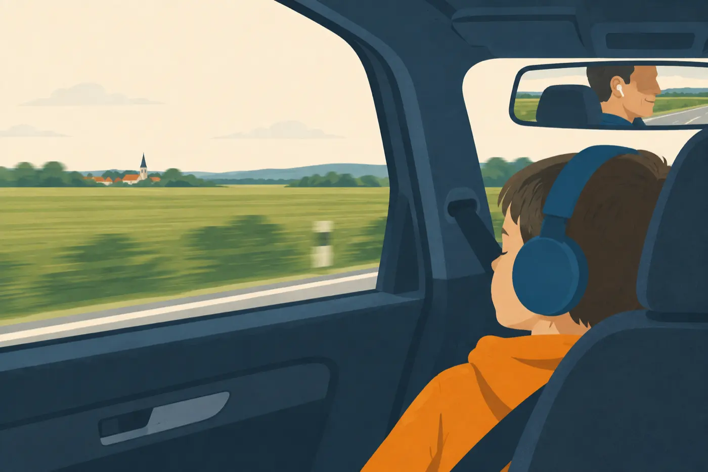Ein Kind hört mit Kopfhörern im Auto ein Hörspiel, die fahrende erwachsene Person lächelt beim Zuhören mit.