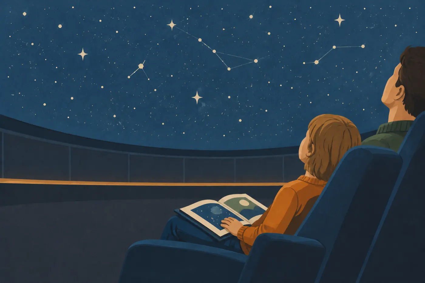 Ein Erwachsener und ein Kind sitzen unter der Sternenkuppel eines Planetariums und schauen nach oben, auf dem Schoß des Kindes liegt ein aufgeschlagenes Buch.