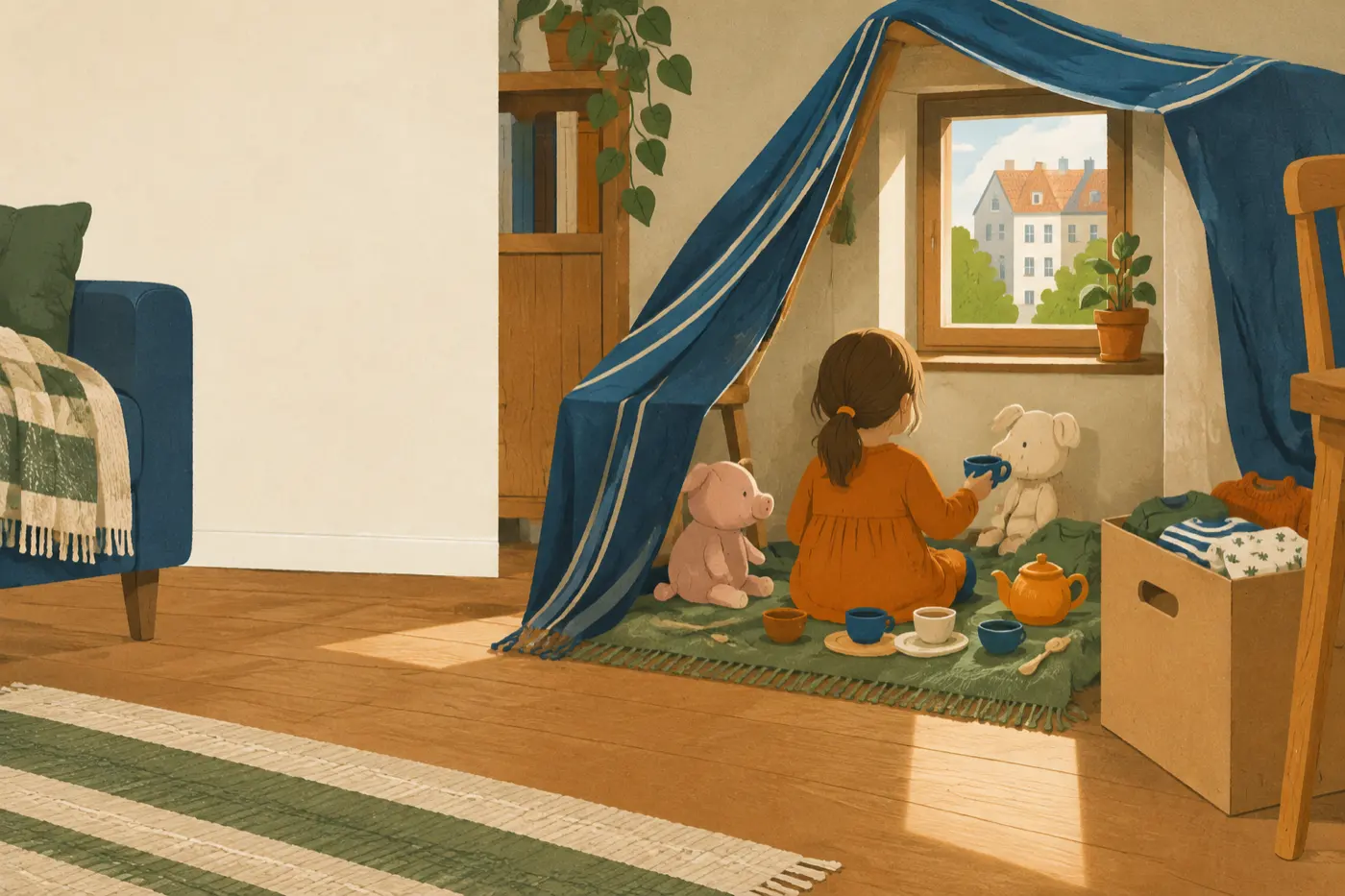 Ein kleines Mädchen sitzt stolz zwischen Puppengeschirr und ihrem Stoffschwein in einer selbst eingerichteten Kammerecke.