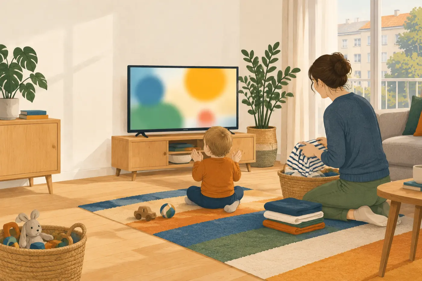 Ein Kleinkind sitzt auf dem Teppich vor dem Fernseher, ein Elternteil faltet nebenbei Wäsche.