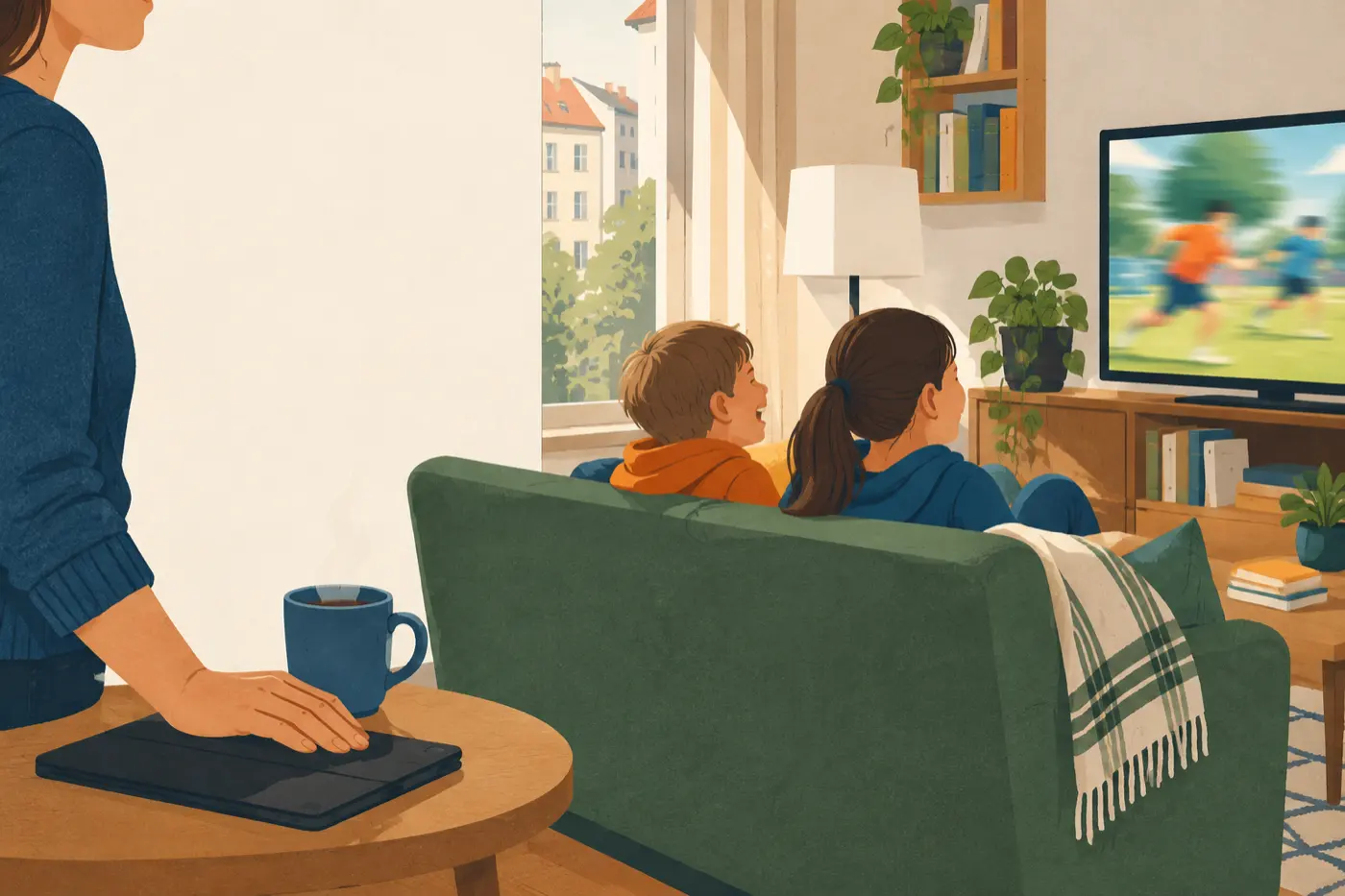Zwei Kinder unterschiedlichen Alters schauen gemeinsam auf dem Sofa fern, ein Elternteil setzt sich mit einer Tasse dazu.