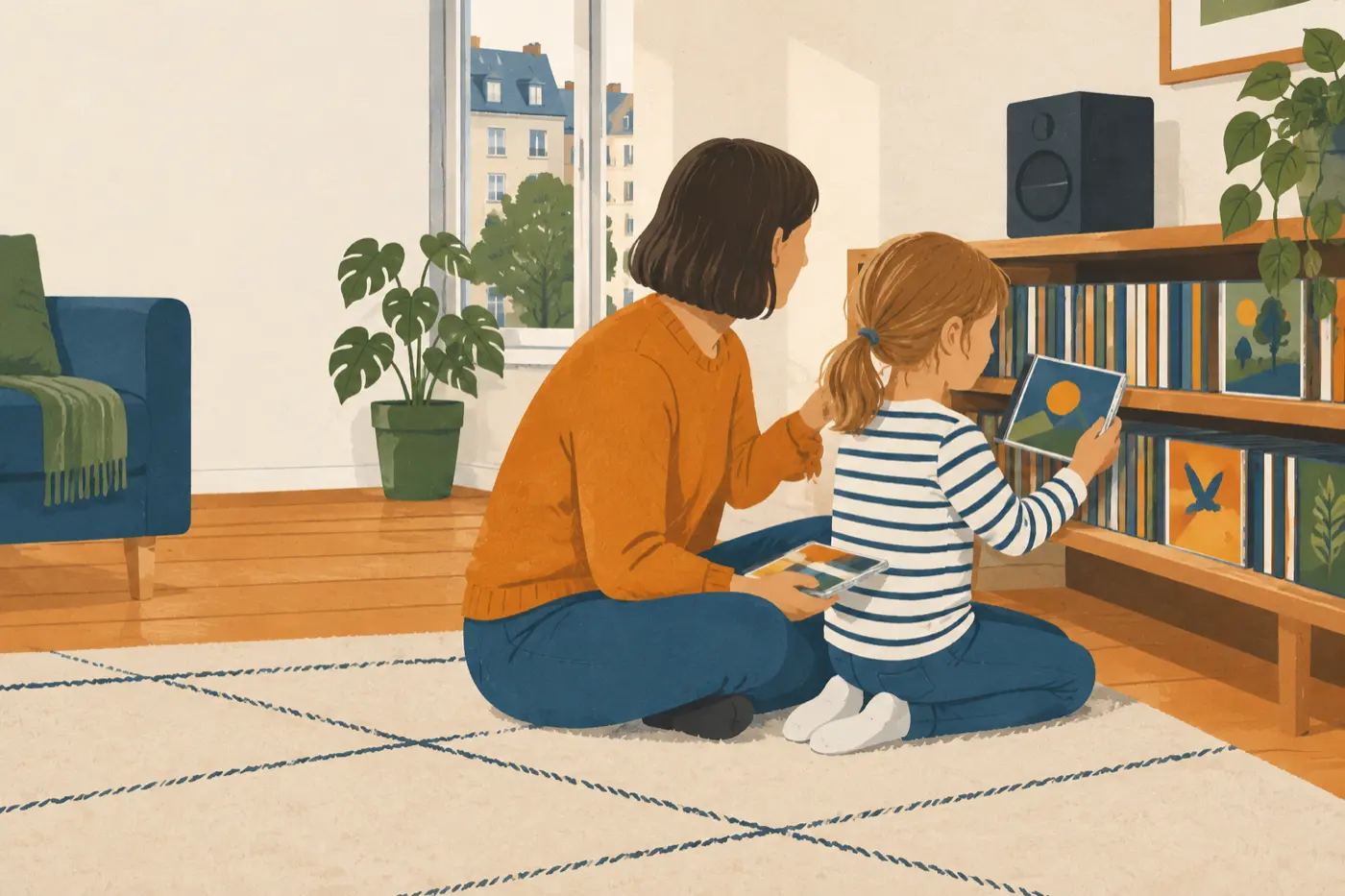 Ein Kind kniet vor einem Regal mit Kinder-CDs und zieht eine Hülle heraus, eine erwachsene Person sitzt daneben und wählt eine zweite CD aus.