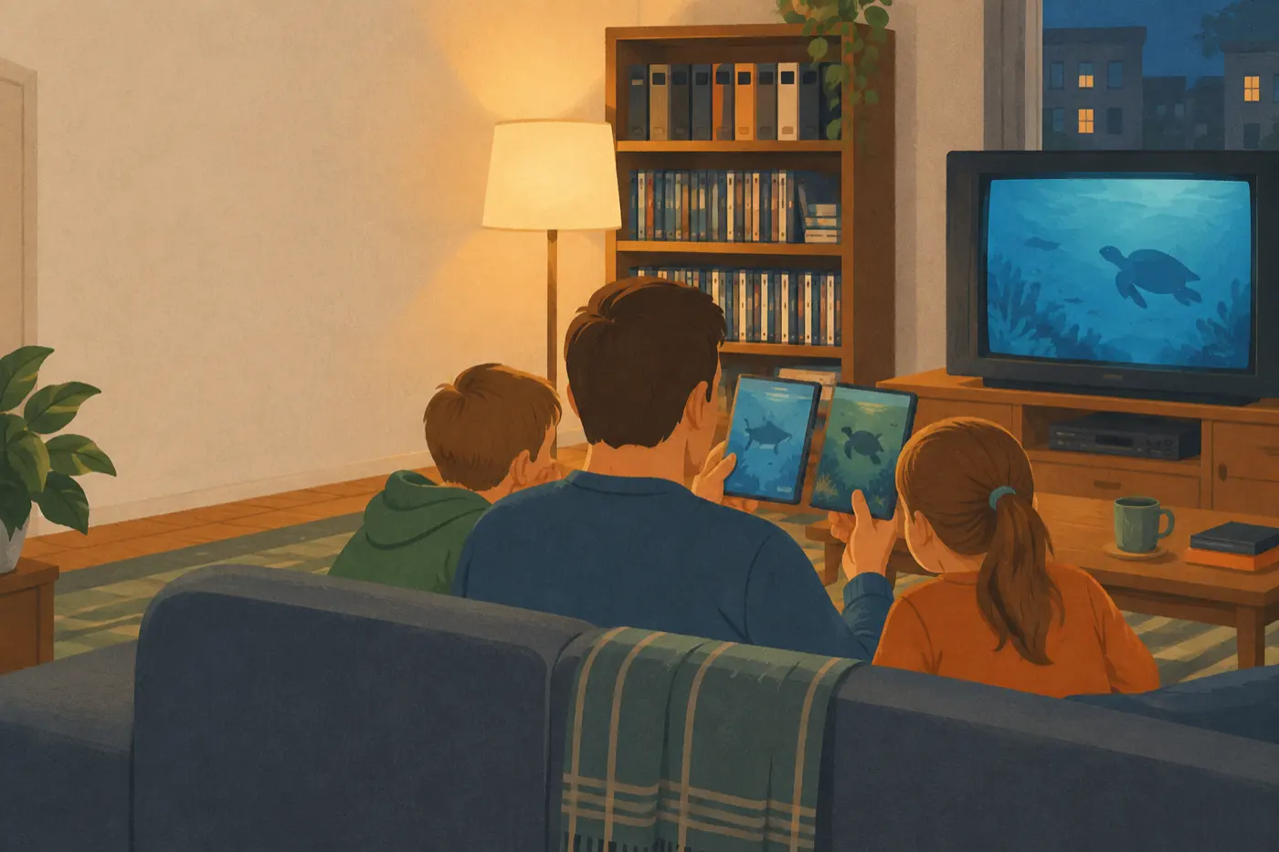 Ein Vater zeigt zwei Kindern auf dem Sofa zwei DVD-Hüllen desselben Films zum Vergleich, im Hintergrund läuft der Fernseher.