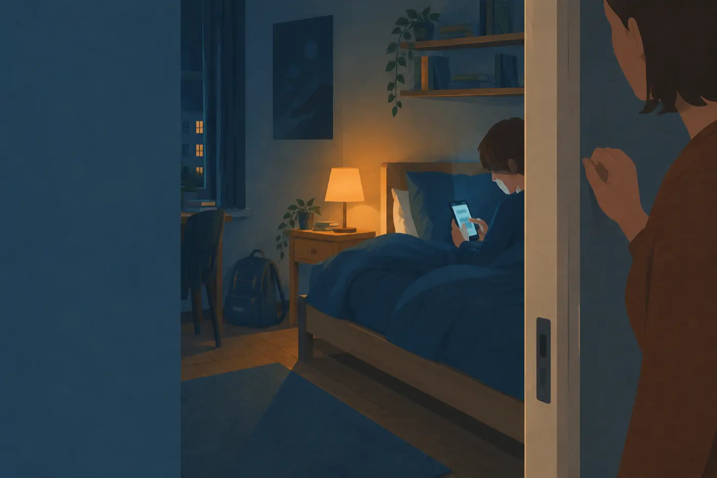 Ein Jugendlicher liegt nachts im Bett und scrollt im Schein des Handydisplays, während ein Elternteil im Türrahmen steht.