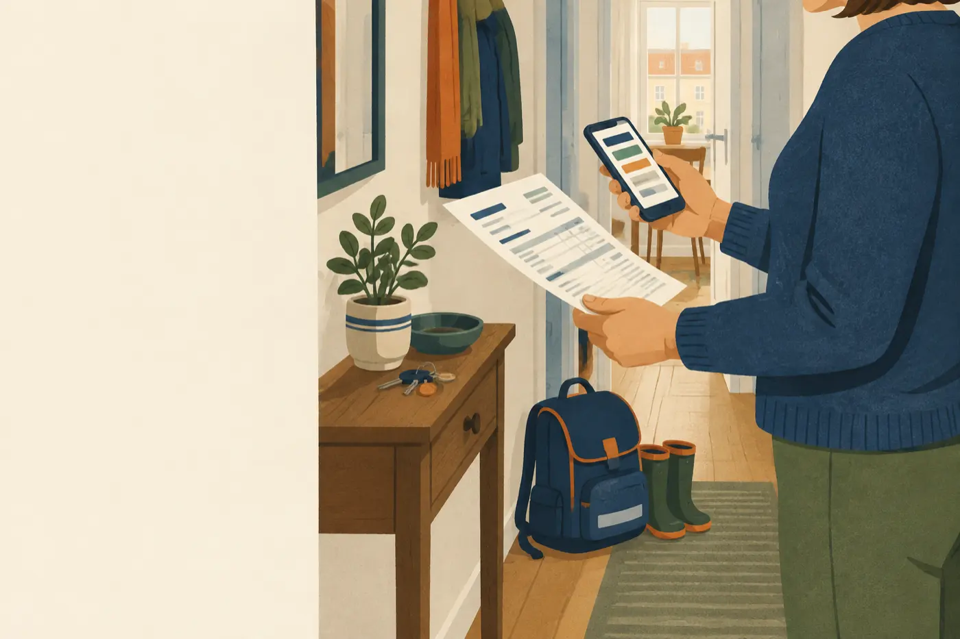 Ein Elternteil vergleicht im Flur die gedruckte Handyrechnung mit den Posten auf dem Smartphone, im Hintergrund Schulranzen und Gummistiefel eines Kindes.